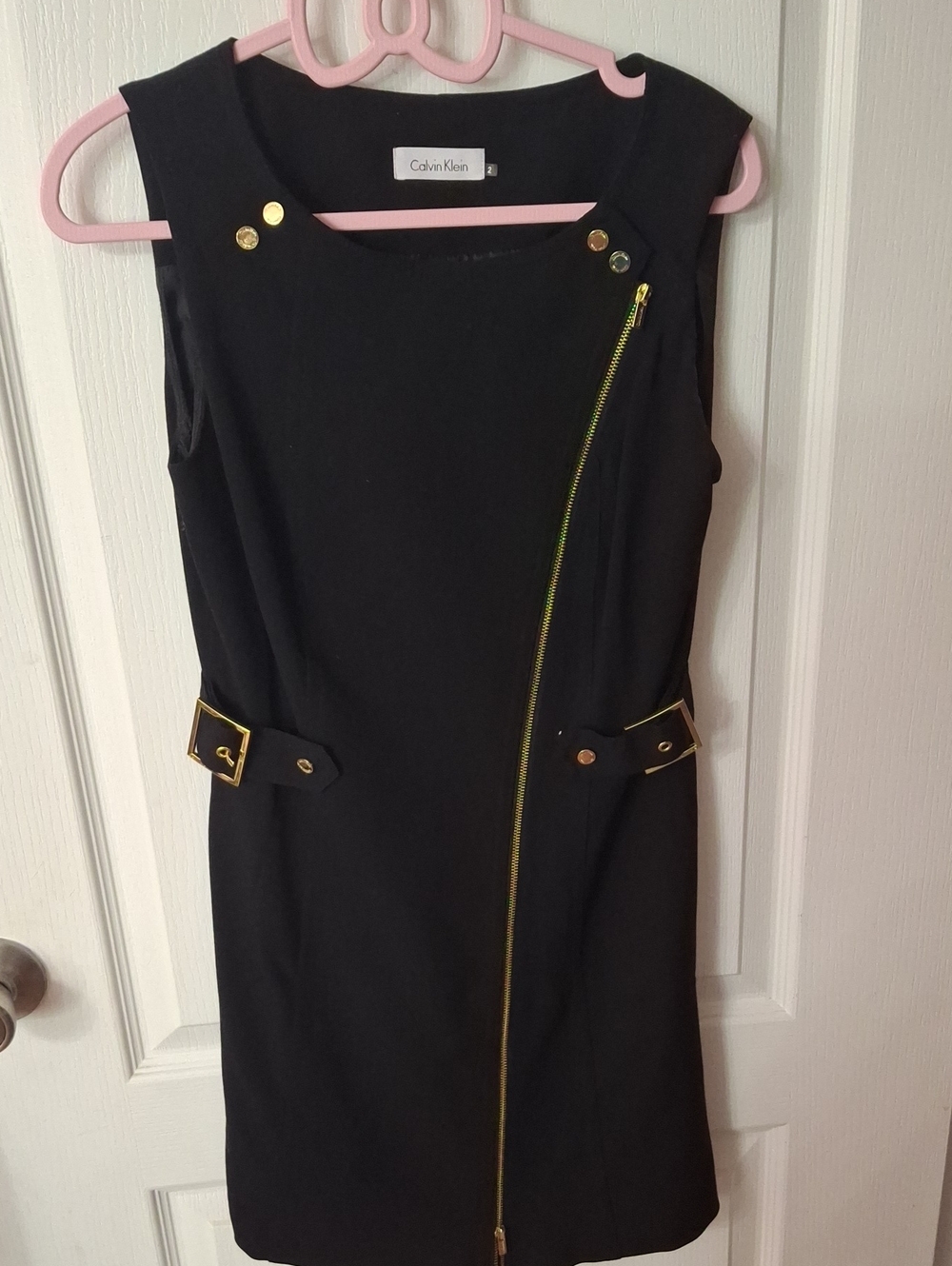 Calvin Klein Black Sleeveless Sheath Dress with Gold Zip & Buckle Accents